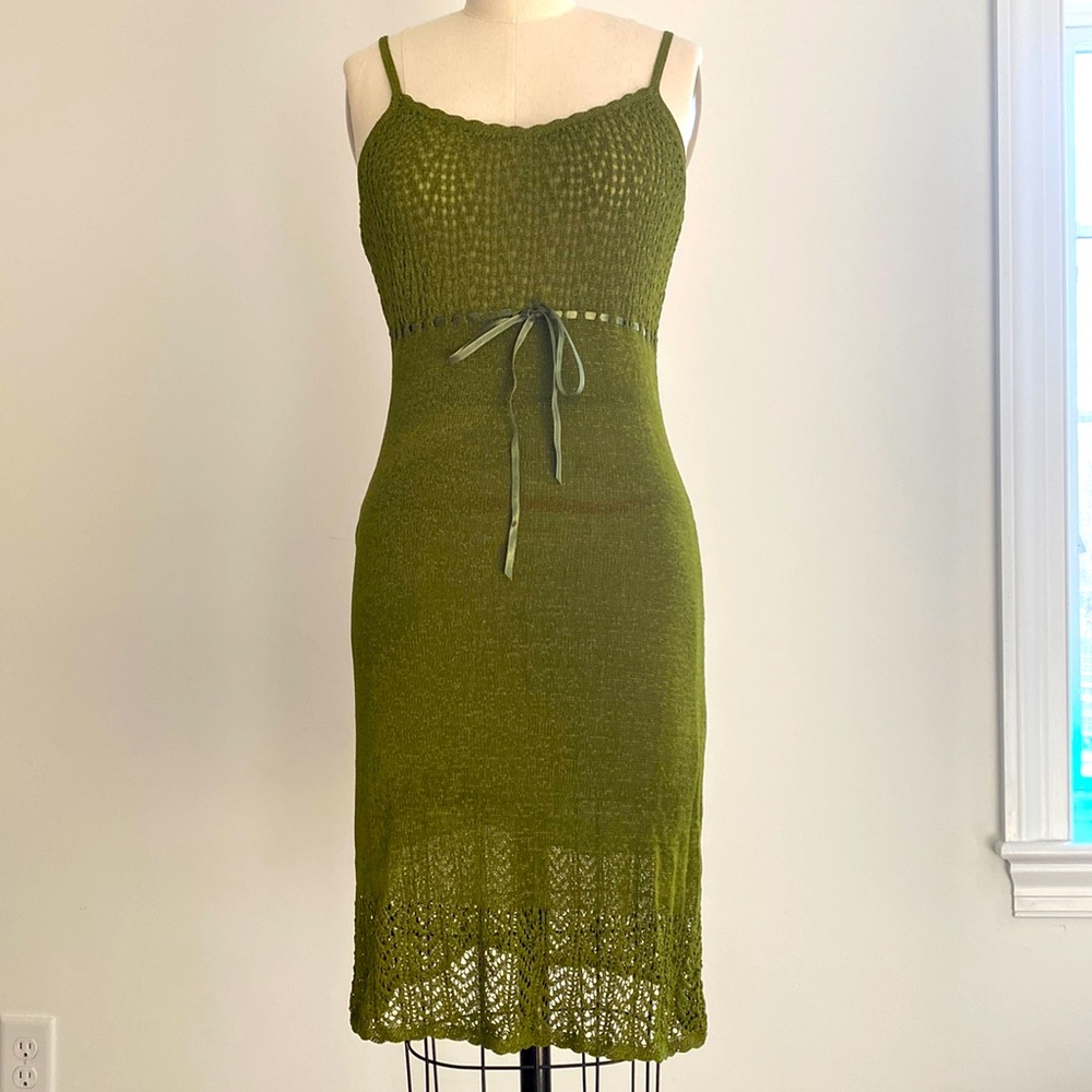Rene Derby Green Crochet Knit Slip Dress